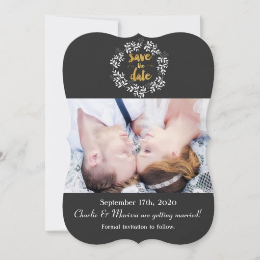 ホワイト葉リースSAVE THE DATE Photo 招待状 (正面)