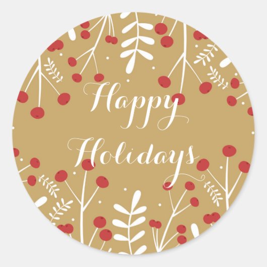 ホワイト葉金ゴールド&ベリーのホリデービープ ラウンドシール (正面)