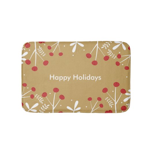 ホワイト葉金ゴールド&ベリーホリデークリスマス バスマット (正面)