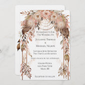 ホワイト赤面ピンククリームボホフローラ結婚ズアーチ 招待状 (正面/裏面)