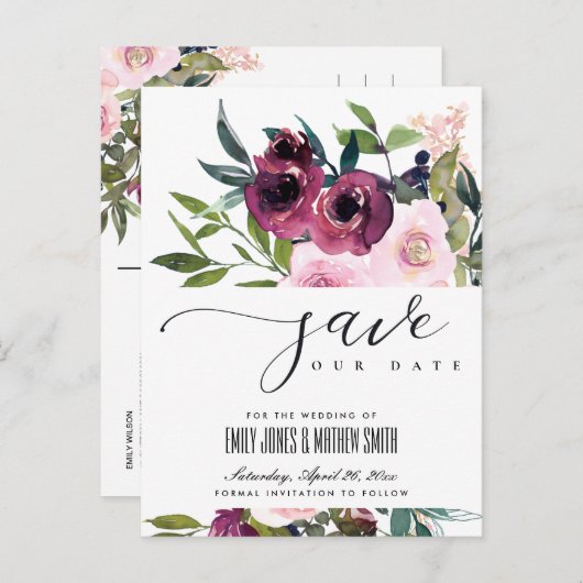 ホワイト赤面ブルゴーニュフローラバンチセーブ日付 案内ポストカード (正面/裏面)