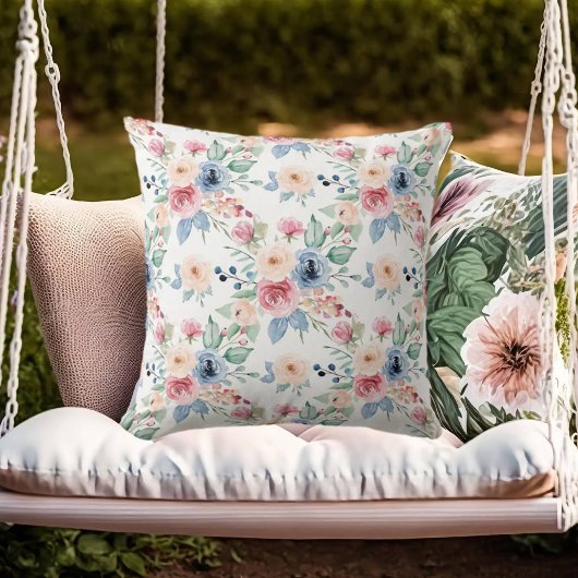 ホワイト赤面ブルーバラ エレガント クッション