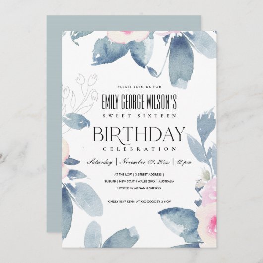 ホワイト赤面ブルーフローラスウィート16任意の年齢誕生日 招待状 (正面/裏面)