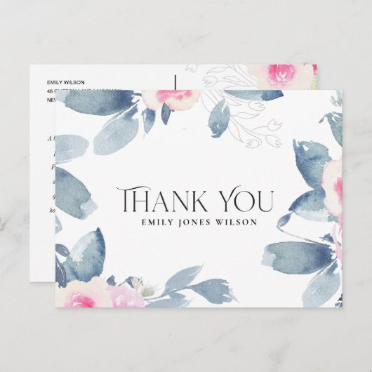 ホワイト赤面ブルーフローラ任意の年齢誕生日ありがとう 案内ポストカード (正面/裏面)