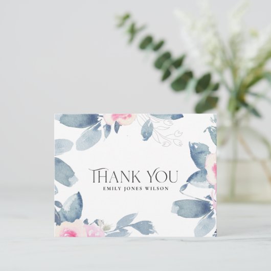 ホワイト赤面ブルーフローラ任意の年齢誕生日ありがとう 案内ポストカード (スタンド正面)