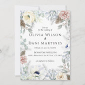 ホワイト赤面ブルーフローラ自然結婚式招待状 招待状 (正面)