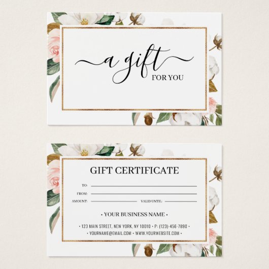 ホワイト赤面マグノリアフローラギフト証明書カード (正面&裏面)