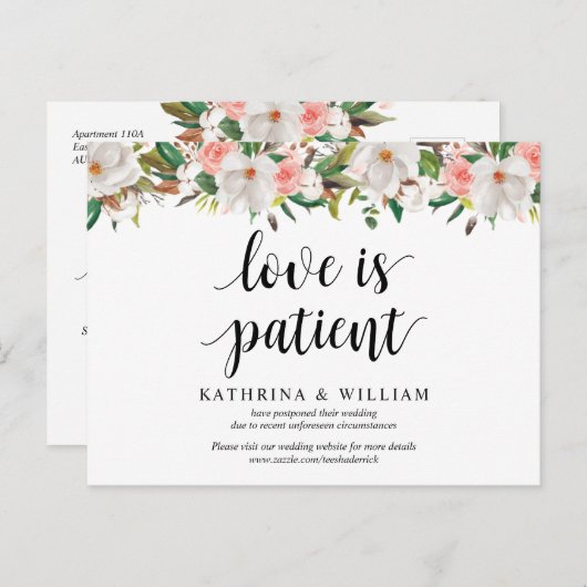 ホワイト赤面花模様、恋は忍耐強く、延期 ポストカード (正面/裏面)