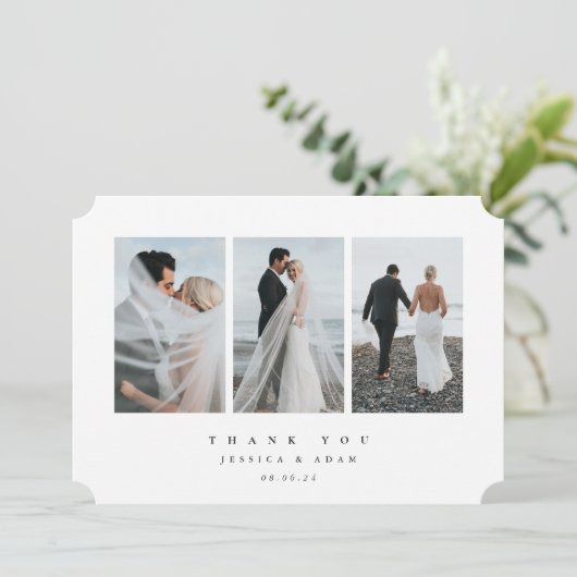 ホワイト超ミニマルトリプル結婚フォトフラット サンキューカード (スタンド正面)