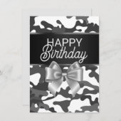 ホワイト迷彩柄&ボウハッピーバースデーデイカード 招待状 (正面/裏面)