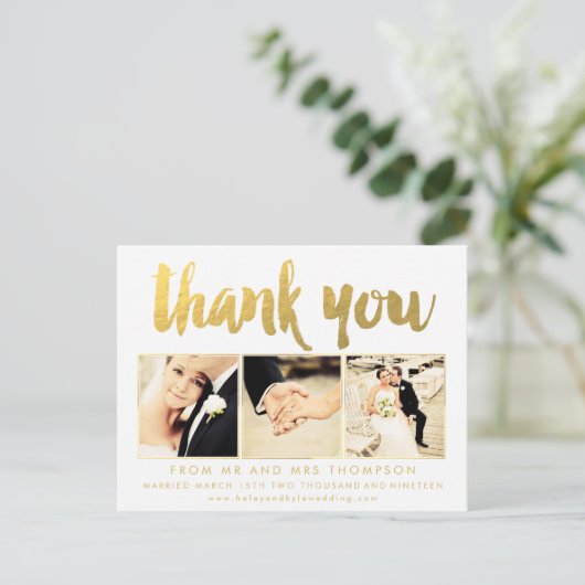 ホワイト金ゴールドありがとうスクリプトタイポグラフィ写真 ポストカード (スタンド正面)