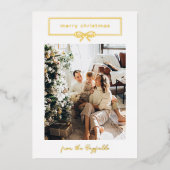 ホワイト金ゴールドかわいらしボウフォトメリークリスマス 箔シーズンカード (正面)