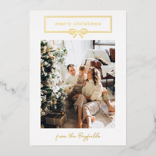 ホワイト金ゴールドかわいらしボウフォトメリークリスマス 箔シーズンカード (正面)