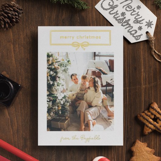 ホワイト金ゴールドかわいらしボウフォトメリークリスマス 箔シーズンカード