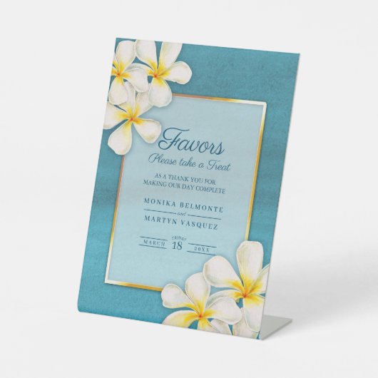 ホワイト金ゴールドアクアフランギパニアートトロピカルズ結婚ズ 台座サイン (正面)