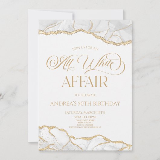 ホワイト金ゴールドアゲートオールホワイトアジェンティバースデーパーティー 招待状 (正面)