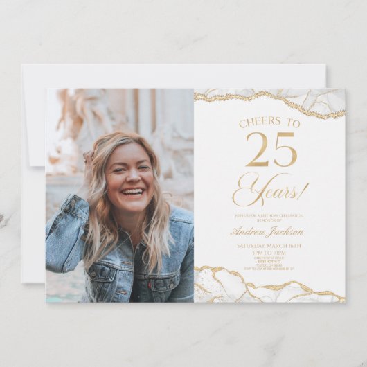 ホワイト金ゴールドアゲート写真25thバースデーパーティー 招待状 (正面)
