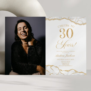 ホワイト金ゴールドアゲート写真30th誕生日パーティー 招待状