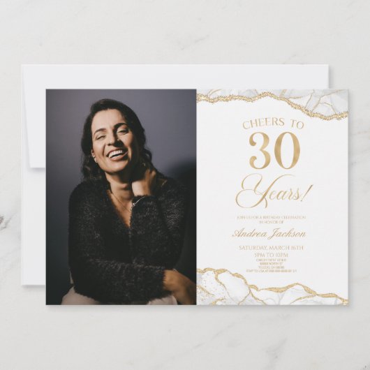 ホワイト金ゴールドアゲート写真30th誕生日パーティー 招待状 (正面)