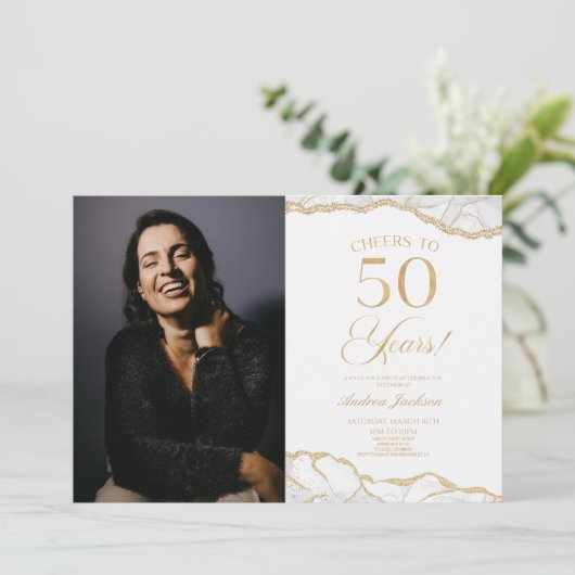 ホワイト金ゴールドアゲート写真50th誕生日パーティー 招待状 (スタンド正面)