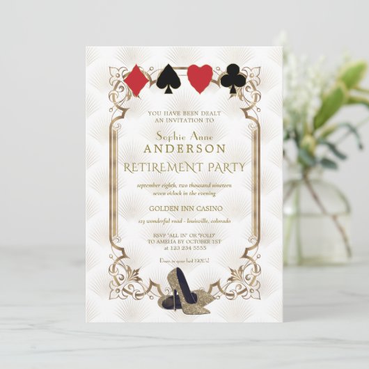 ホワイト金ゴールドアールデコカジノベガストランプのポーカーリタイアメント 招待状 (スタンド正面)
