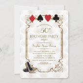 ホワイト金ゴールドアールデコカジノベガストランプのポーカー誕生日 招待状 (正面)