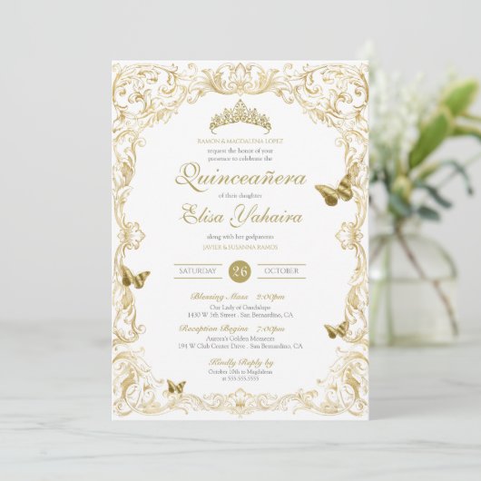 ホワイト金ゴールドエレガントバロックキンセアニェラ 招待状 (スタンド正面)
