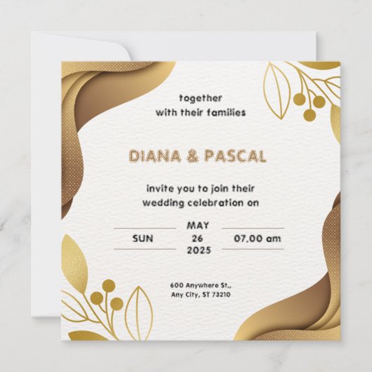 ホワイト金ゴールドエレガントミニマル結婚式招待状 招待状 (正面)