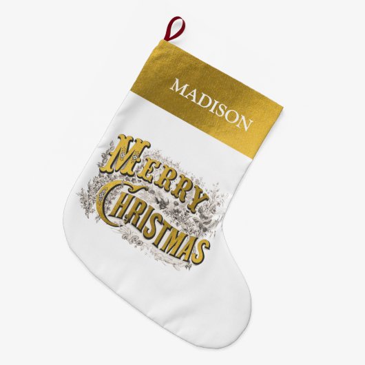 ホワイト金ゴールドエレガントメリークリスマス素朴ヴィンテージ ラージクリスマスストッキング (正面 (吊り時))