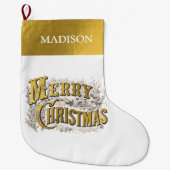 ホワイト金ゴールドエレガントメリークリスマス素朴ヴィンテージ ラージクリスマスストッキング (正面)