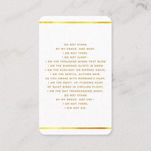 ホワイト金ゴールドエレガント写真葬儀祈りの言葉 名刺 (裏面)