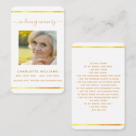 ホワイト金ゴールドエレガント写真葬儀祈りの言葉 名刺 (正面/裏面)