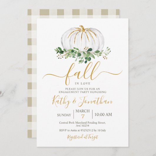 ホワイト金ゴールドカボチャ婚約パーティ招待状 招待状 (正面/裏面)