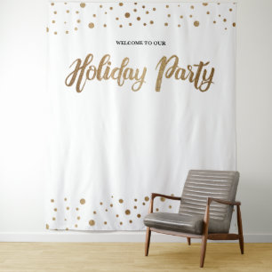 ホワイト金ゴールドクリスマスカンパニーホリデーバックドロップ タペストリー