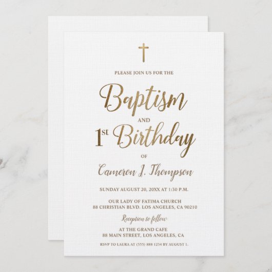 ホワイト金ゴールドクロスバプテスマ1st誕生日招待状 招待状 (正面/裏面)