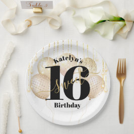 ホワイト金ゴールドグリッターはっきりしたスウィート16誕生日バルーン ペーパープレート