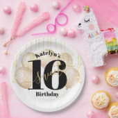 ホワイト金ゴールドグリッターはっきりしたスウィート16誕生日バルーン ペーパープレート (パーティー)