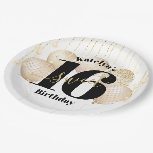 ホワイト金ゴールドグリッターはっきりしたスウィート16誕生日バルーン ペーパープレート (アングル)