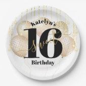 ホワイト金ゴールドグリッターはっきりしたスウィート16誕生日バルーン ペーパープレート (正面)