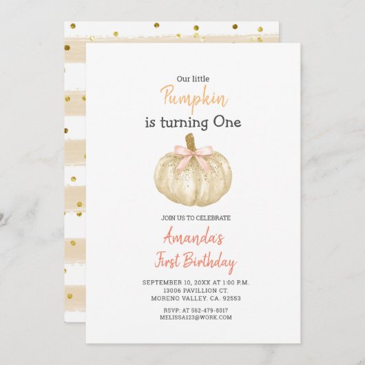 ホワイト金ゴールドグリッターカボチャ1st誕生日招待状 招待状 (正面/裏面)