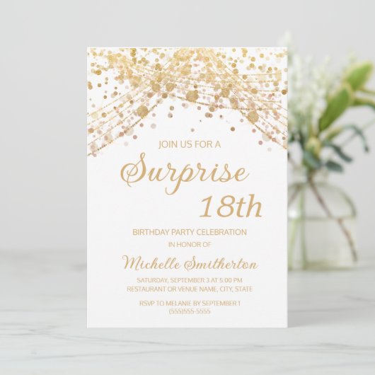 ホワイト金ゴールドグリッターサプライズ18誕生日 招待状 (スタンド正面)