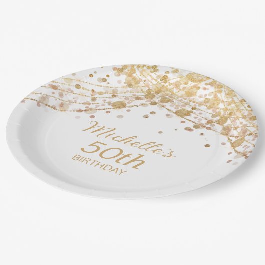 ホワイト金ゴールドグリッターストリングライツバースデーパーティー ペーパープレート (アングル)