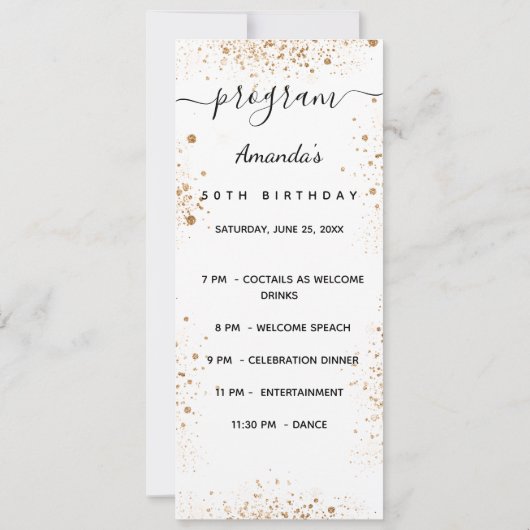 ホワイト金ゴールドグリッタースパークルプログラムメニューカード 招待状 (裏面)