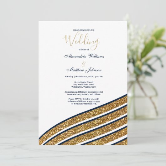 ホワイト金ゴールドグリッターネイビー結婚ブルージオメトリック 招待状 (スタンド正面)