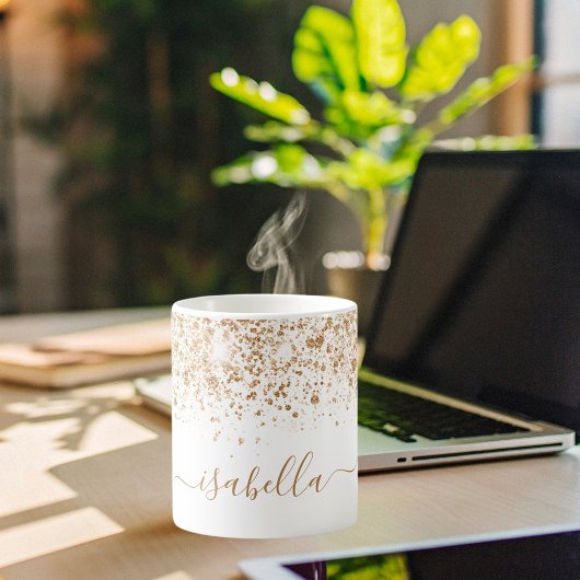 ホワイト金ゴールドグリッター名スクリプト コーヒーマグカップ