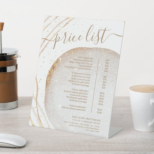 ホワイト金ゴールドグリッター美容師価格表メニュー 台座サイン (インサイチュ)