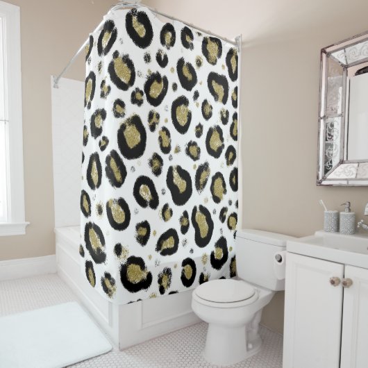 ホワイト金ゴールドグリッター&ブラックレオパードチーテプリント シャワーカーテン (インサイチュ)