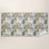 ホワイト金ゴールドグリーン熱帯葉 ビーチタオル (正面)