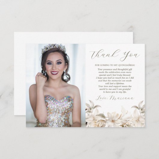 ホワイト金ゴールドシルバーウィンターフォト花模様クインセアニラ サンキューカード (正面/裏面)