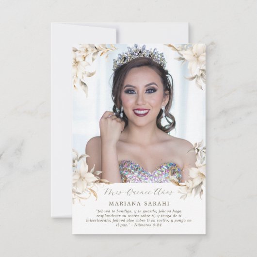 ホワイト金ゴールドシルバーウィンター花模様キンセアニラ サンキューカード (裏面)